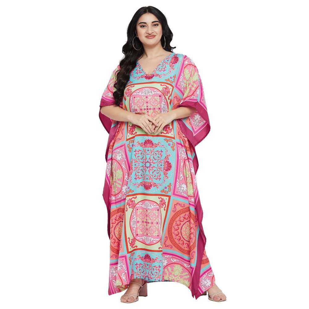 Plus Size Women Caftan Dress Pink Polyester Maxi Moo Moos Dresses for Party Wear - Picture 4 of 10